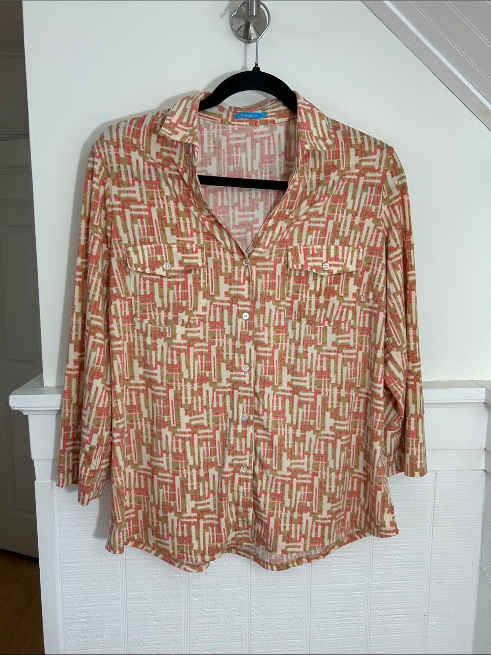 J McLaughlin Button Down Collared Blouse, Pink & Tan size Large - Picture 2 of 7